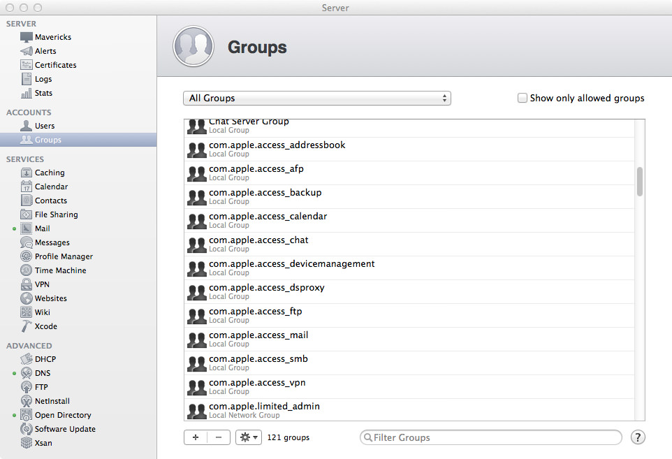 The SACL Groups in OS X Server.