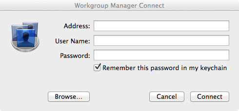 Workgroup Manager: Connect to Server.